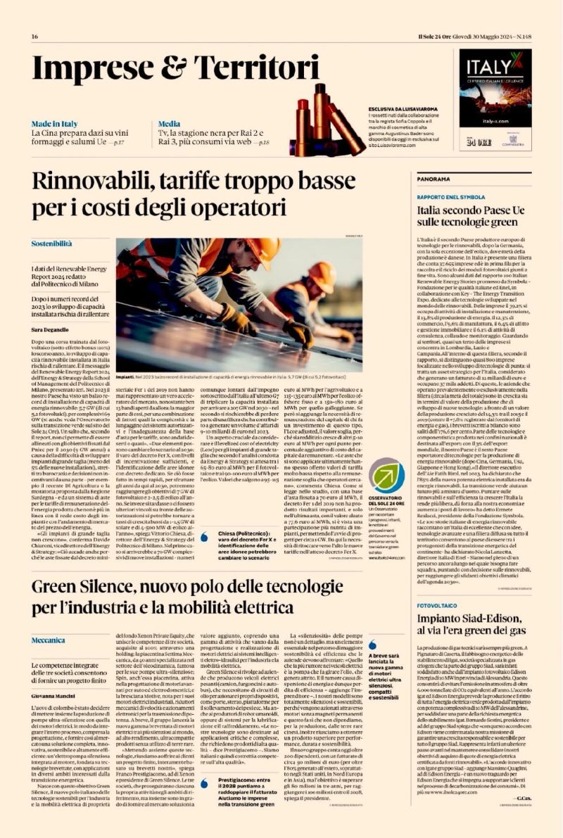 Il Sole 24 Ore parla del gruppo #GreenSilence, nuovo polo di tecnologie sostenibili per l'industria e mobilità elettrica