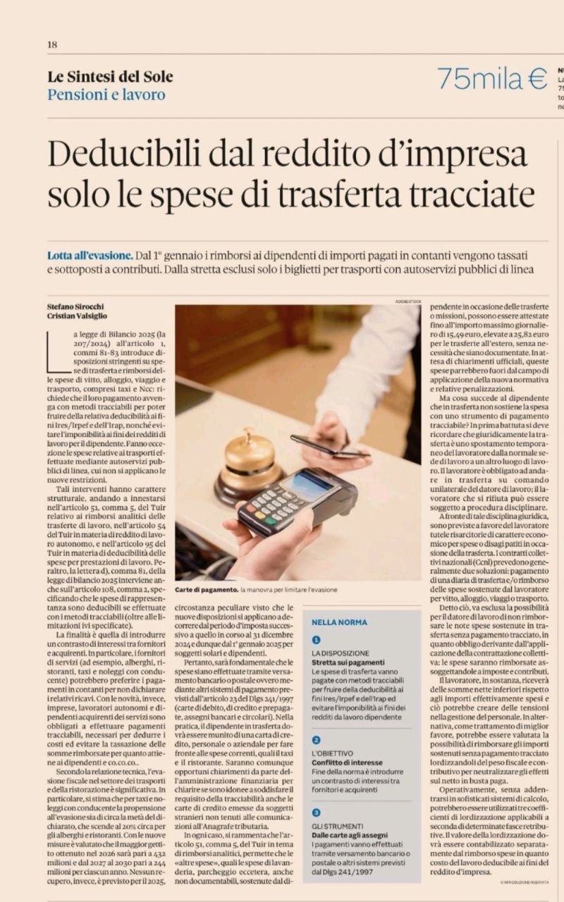 Trasferte e rimborsi: dal 1°gennaio obbligo della tracciabilità per essere deducibili ed evitare ai dipendenti l'imponibilità contributiva e fiscale